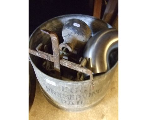 VINTAGE EGG PRESERVING PAIL, SCALES ETC..   