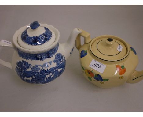 BLUE AND WHITE 'ADAMS' TEAPOT AND HAND PAINTED CLARICE CLIFF STYLE TEAPOT 