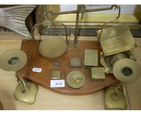 VINTAGE BRASS SCALES WITH WEIGHTS AND PAIR OF CANDLESTICKS 