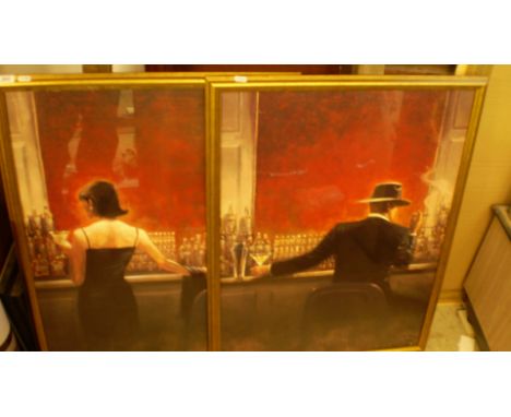 2 PRINTS OF MAN AND WOMAN DRINKING IN BAR WITH VINTAGE THEME IN GILT FRAME (64 X 86 CM) 