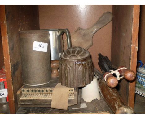 QTY OF VINTAGE KITCHEN UTENSILS INC - CLEAVER, JELLY MOULD AND CADBURYS TIN 