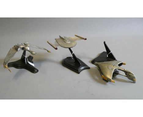 Star Trek - Three Franklin Mint pewter models, comprising Bird of Prey, Romulan Bird of Prey and Romulan War Bird, the last l
