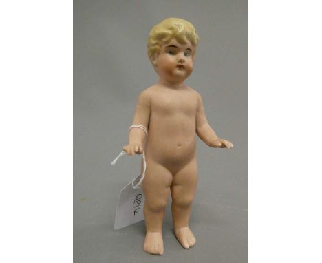 An all bisque frozen Charlotte doll, with blond moulded hair, painted features and bent arms, 5 3/4" tall (Est. plus 24% buye