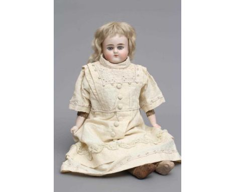 An Alt Beck &amp; Gottschalk shoulder head doll, with blue glass fixed eyes, closed mouth, sideways turned head, blond wig, k