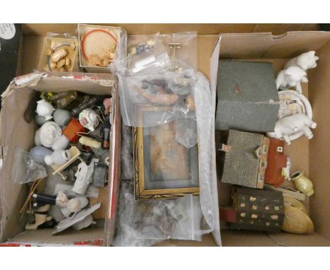 A box of doll's house accessories &amp; furniture, including wood ceramic and celluloid examples, also some miniature houses 