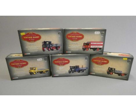 Five Corgi Vintage Glory steam wagons comprising Sentinel platform wagon with cement load, Sentinel steam wagon with barrel l
