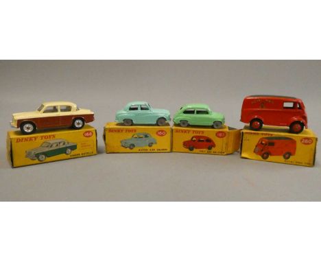 Dinky Toys 160 Austin A30, 168 Singer Gazelle, 183 Fiat 600 and 260n Royal Mail van, boxes fair/poor, models good/excellent (