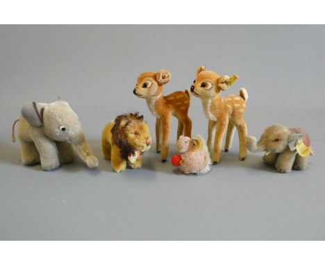 Six Steiff plush animals comprising two bambi's, two elephants, a Leo lion and a small squirrel (Est. plus 24% buyer's premiu