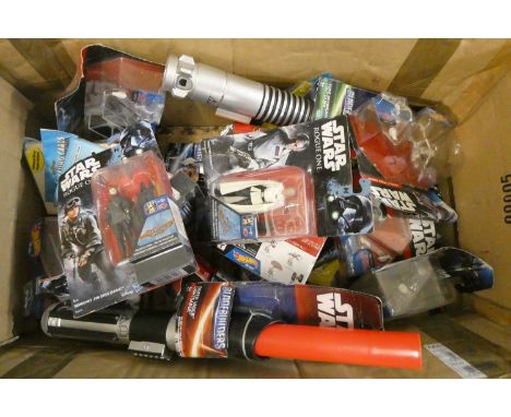 Late issue collectors toys of Star Wars characters and accessories including figures, vehicles and plastic light sabre. All i