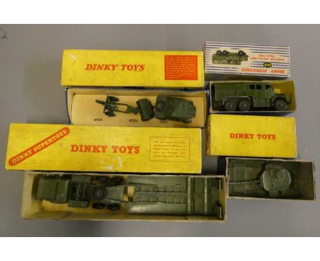  Playworn Dinky army trucks comprising Tank Transporter, Tank Medium Artillery Tractor and Field Gun Set, all items boxed, fa