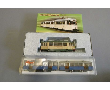 Three HO scale 12 volt 2-rail European trams by Kato, Lilliput and REKO, all items boxed, excellent (Est. plus 24% buyer's pr