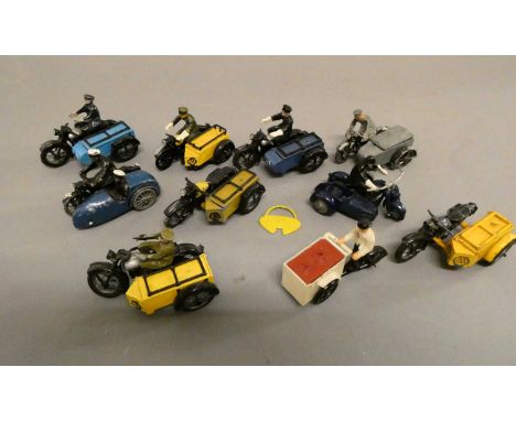Ten lead cast motorcycle models including AA motorcycle and sidecar, police motorcycle and sidecar and ice cream delivery bik