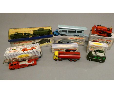 Six Dinky vehicles comprising 956 fire engine, 982 Car transporter, 961 Bulldozer, 968 BBC TV van, 942 Foden tanker and 698 t