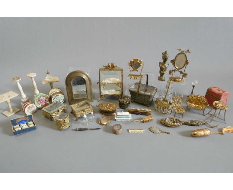 A collection of antique gilt metal doll's house furniture and accessories, together with other wood, ceramic and fabric items