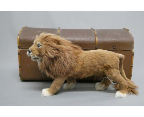 A real hair lion, with wooden carved nose, glass eyes, and hide body, 12 1/2" long, with a vintage doll's trunk (Est. plus 24