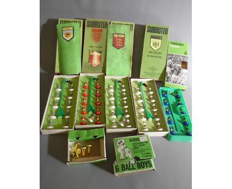 Early Subbuteo football teams and accessories including two England 1966 world cup teams, West German team, Manchester City t