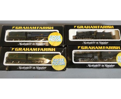 Four N gauge locomotives by Graham Farish comprising BR Green Battle of Britain Class locomotives, BR Blue Merchant navy Clas