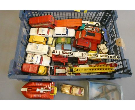 Unboxed diecast vehicles by Dinky, Corgi and others including fire engine, police cars and JB007 Aston Martin with passenger.