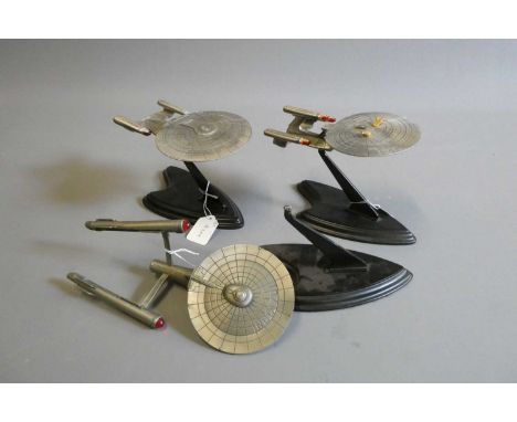 Star Trek - Three Franklin Mint USS Enterprise pewter models, two good, the other imperfect and with glue and issues mounting
