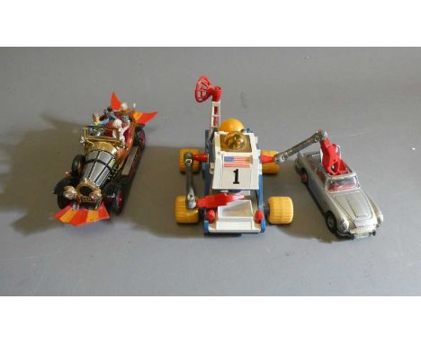 Three unboxed Corgi vehicles comprising Chitty Chitty Bang Bang, James Bond DB5, and Moon Raker buggy, fair (Est. plus 24% bu