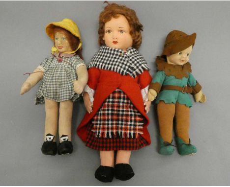 Three felt dolls, comprising an 11" Farnell Alpha Toys Robin Hood, a 12" Merrythought Emile Littler's Goodie Two Shoes doll a