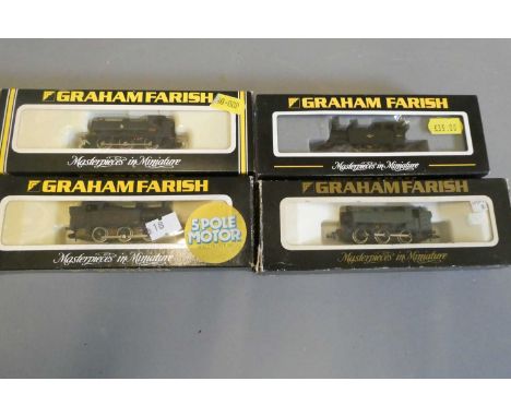 Four Graham Farish N-gauge 0-6-0 tank locomotives comprising two pannier tanks, Jinty and LMS tank, all items boxed, good (Es