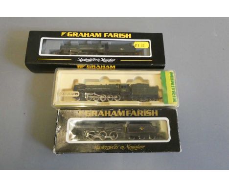  Three N gauge locomotives comprising Graham Farish BR Jubilee, BR Class 5 and Minitrix Britannia, some overpainting, fair (E