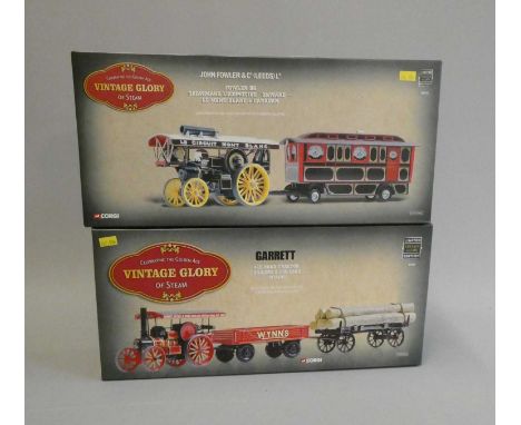 Two Corgi Vintage Glory Fowler Showman's engines with Caravan and Garrett Road tractor with two trailers and log load, both i