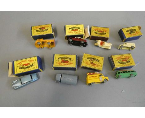 Eight Matchbox Moko vehicles comprising 14 ambulance, 19 MG, 21 coach, 22 Vauxhall, 37 Coca Cola truck, 38 refuge wagon, 44 R