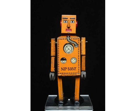 Rare KT toys Japan clockwork robot "Liliput" NP5357 finished in orange with printed detail. Tested in working order, some age