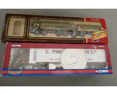 D230 Corgi AEC MK5 with trailer and tarpaulin covered load and Volvo FM with box trailer, both items boxed, excellent (Est. p