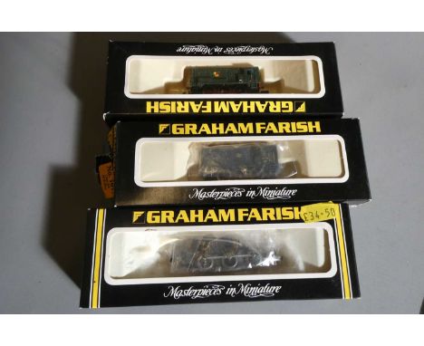  Two Graham Farish 08 Class diesel shunters and one 0-6-0 chassis, boxed, good (Est. plus 24% buyer's premium inc. VAT)