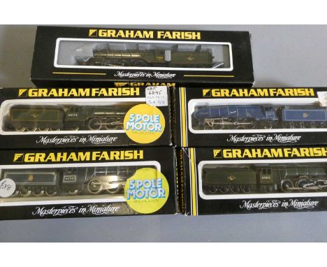 Five N gauge NE region BR locomotives by Graham Farish and others comprising A 4 silver Fox, A3 in BR Blue Captain Cutler V2 