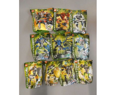 A collection of 10x Lego Hero Factory 'Brain Attack' collection bagged characters to include; Frost beast 44011, Furno XL 440