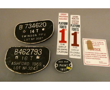 Three BR wagon cast iron number and painting plates and three reproduction aluminium railway ticket and warning notice signs 