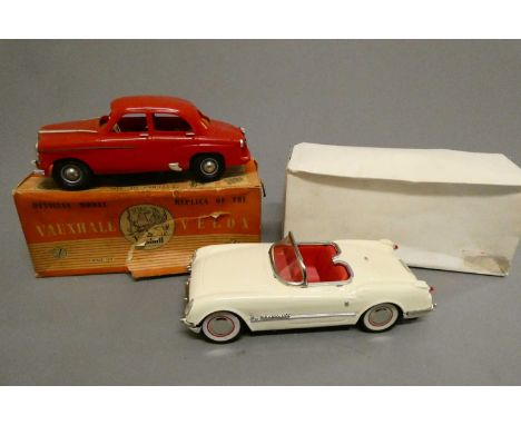 Victory Models Vauxhall Velox finished in red, battery bod cover missing, some warping to chassis, box poor, model good, and 
