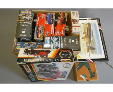 Plastic construction kits by Airfix and Matchbox, aircraft and cars including Mercury balsa ME109 kit. Some items have been s