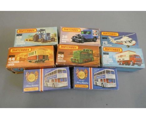 Matchbox 24 diesel shunter, 38 model "A" van, 42 Mercedes container truck, 44 passenger coach, 46 Ford tractor, 75 helicopter