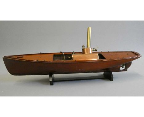 A wooden model steam launch with single cylinder oscillating steam engine boiler and spirit burner, steam engine unfitted to 