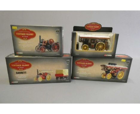 Four Corgi Old Glory traction engine models comprising Garrett Road tractor and flatbed trailer, Fowler Super Lion Showman en