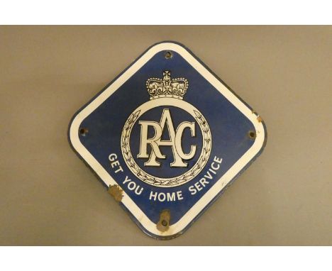 A small enamel RAC 'Get you home service' sign, some loss around screw holes and one chip to edge,8 1/2" sq., fair (Est. plus