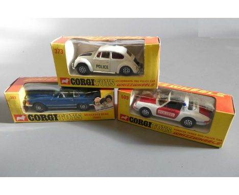 Three Corgi Whizzwheels cars comprising 373 VW Police car, 393 Mercedes 350SL and 509 Porsche 911 Police car, boxes excellent
