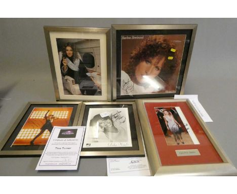 Five signed celebrity photographs comprising Tina Turner, Barbra Streisand, two Celine Dion and Gladys Knight, all framed and