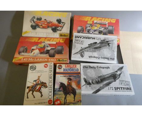 Twelve plastic kits by Airfix and Heller including Aircraft, 54mm figures and F1 race cars, boxed, fair to good, unchecked fo