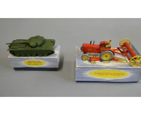  Dinky 310 Farm tractor and Hay rake, box fair, model excellent and 651 Centurion Tank, turret loose, box and model fair (Est