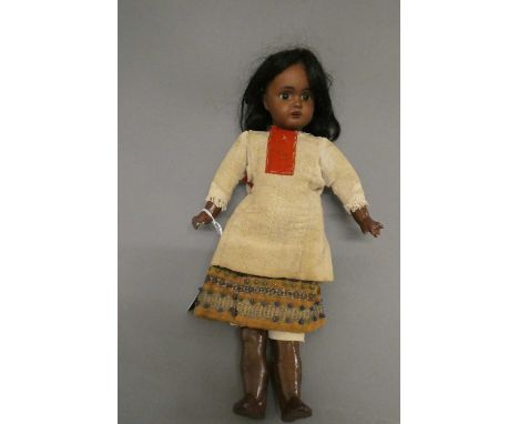A bisque socket head doll, possibly Bahr &amp; Proschild, with brown glass fixed eyes, open mouth, teeth, pierced ears, joint