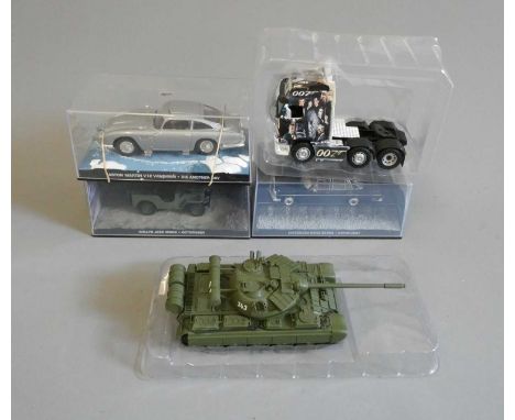 Five James Bond vehicles comprising Willys jeep, Mercedes 250 SE, Corgi Aston Martin, Russian tank and 007 Volvo truck tracto