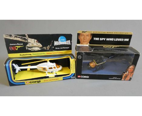Corgi James Bond The Spy Who Loved Me helicopter and Moonraker helicopter, one box has clear parts missing, models good to ex