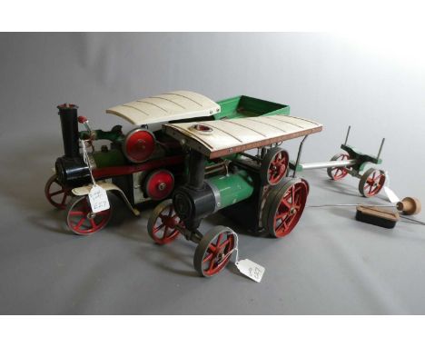 Mamod TE1 traction engine with log trailer and Mamod steam wagon SW1, both items well used, some loose parts on wagon, fair (