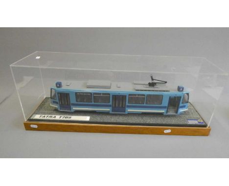 Manufacturer's display model of a TATRA T7B5 Tram, approximately 1:24 scale on ballasted track, base with perspex cover, fini
